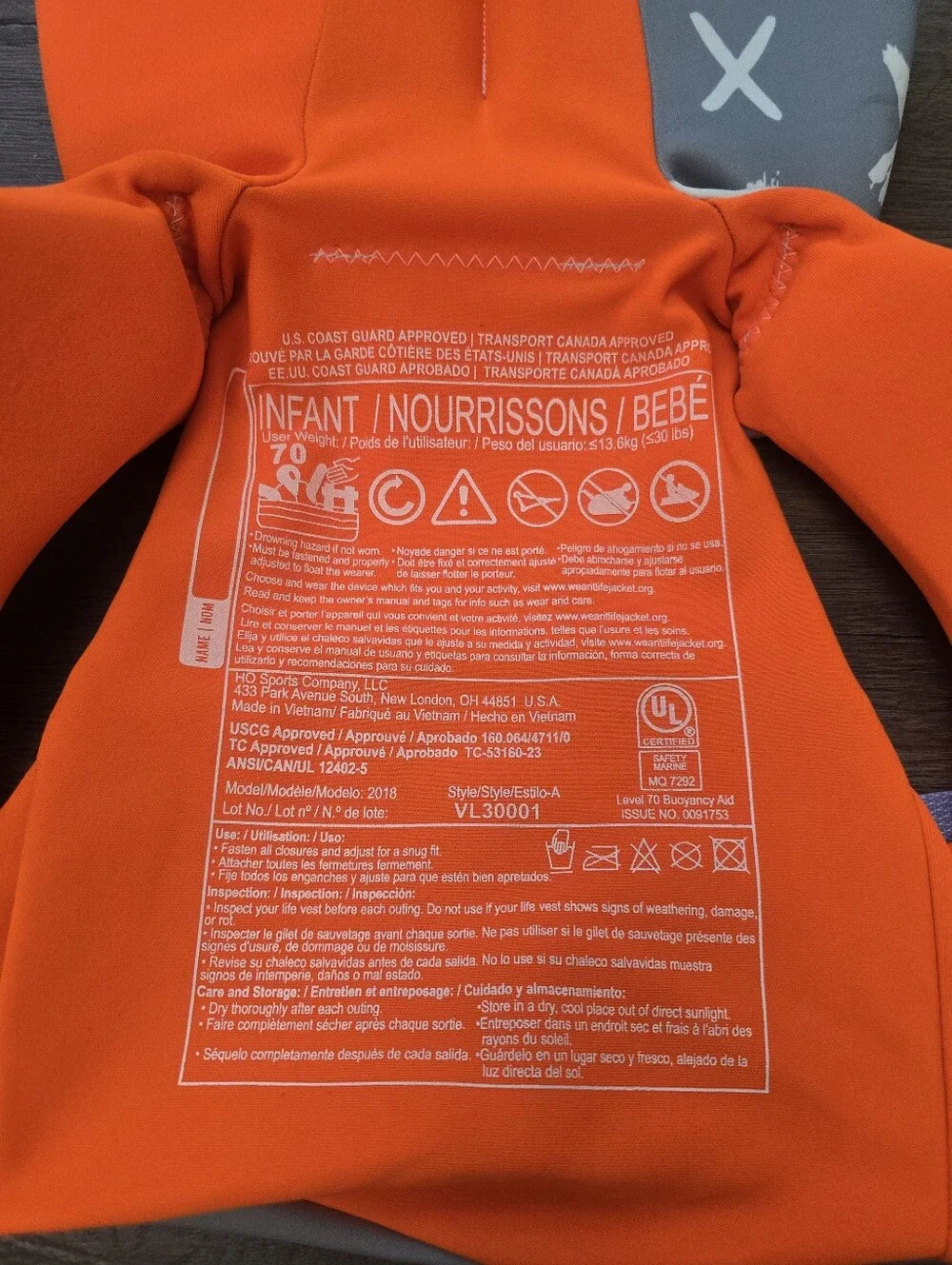 Hyperlite Wake Co. Infant Life Jacket Orange Blue Pool Beach Lake Outdoor